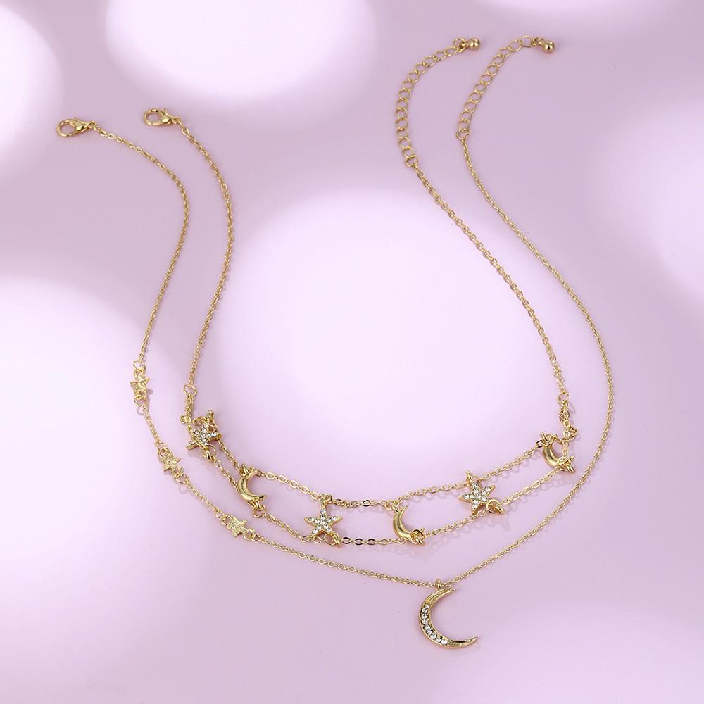Elegant Geometric Design Alloy Layered Necklace Featuring Shimmering Stars And Moons For Women
