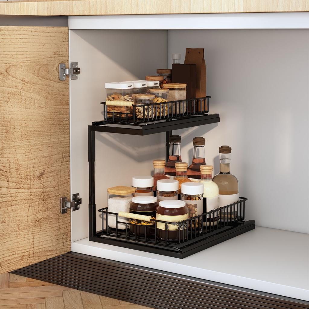 Under Sink Cabinet Shelf Multifunctional Slide Out Double Layer Spice Drawer Storage Sink Shelf for Bathroom Kitchen