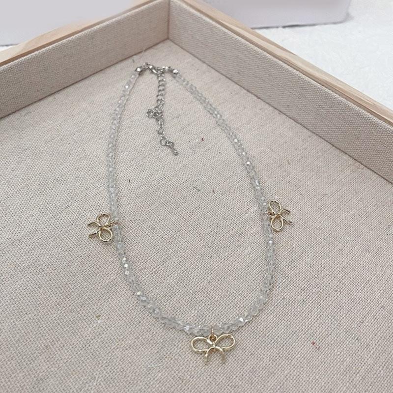 Fashion Elegant Bowknot Charm Necklace Crystal Beaded Clavicle Chain Choker Necklace Statement Jewelry Neck Chain