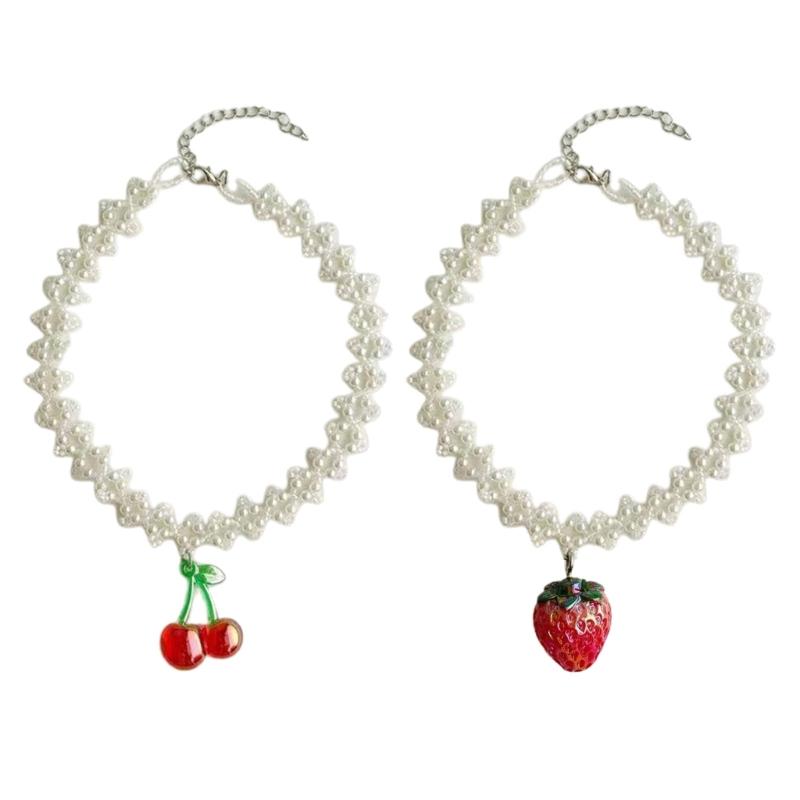 Fashion Cherry Strawberry Pendant Necklace Sweet Double Layer Pearl Clavicle Chain Choker Necklace Jewelry Neck Chain