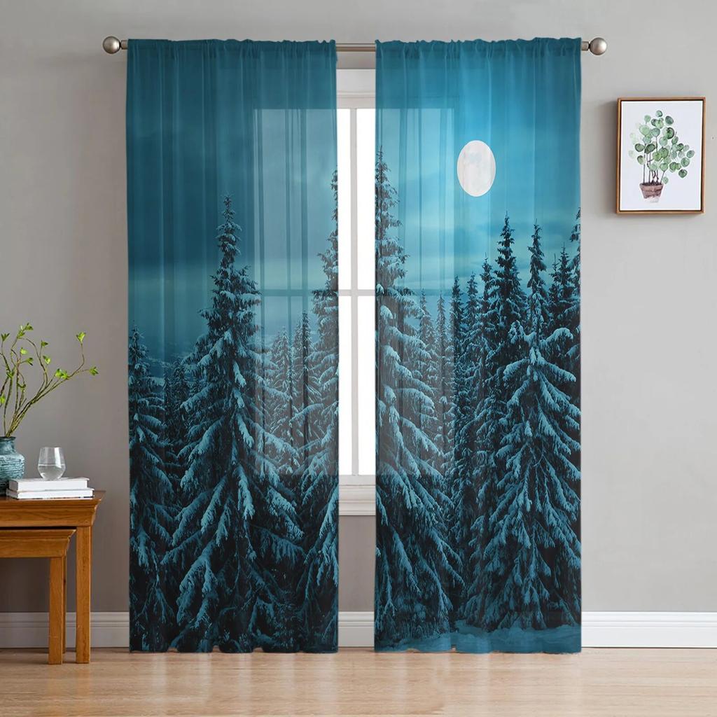 Schneeszene Wald Mond Modern Tüll Vorhänge Für Wohnzimmer Schlafzimmer Zuhause Küche Fenster Transparente Vorhänge