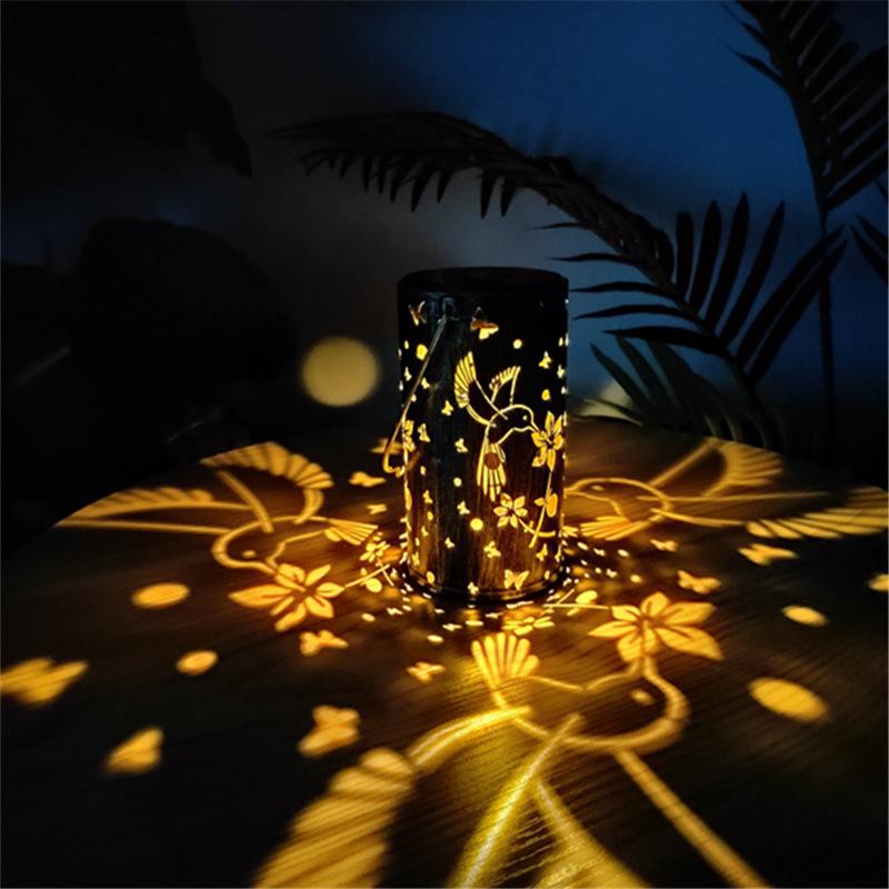 Solar Iron Hollow Lantern Outdoor Waterproof 3d Dynamic Projection Butterfly Projection Courtyard Iron Hanging Light Lawn Landscape Light