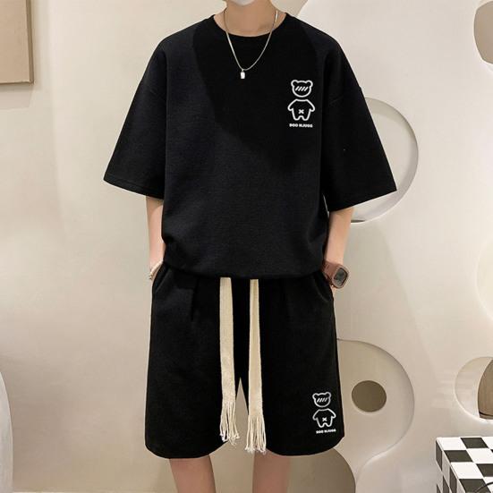 2 Pcs/Set Men Summer Tracksuit Cartoon Bear Korean Style Half Sleeves Sports Drawstring Casual Top Shorts Suit Male Clothes