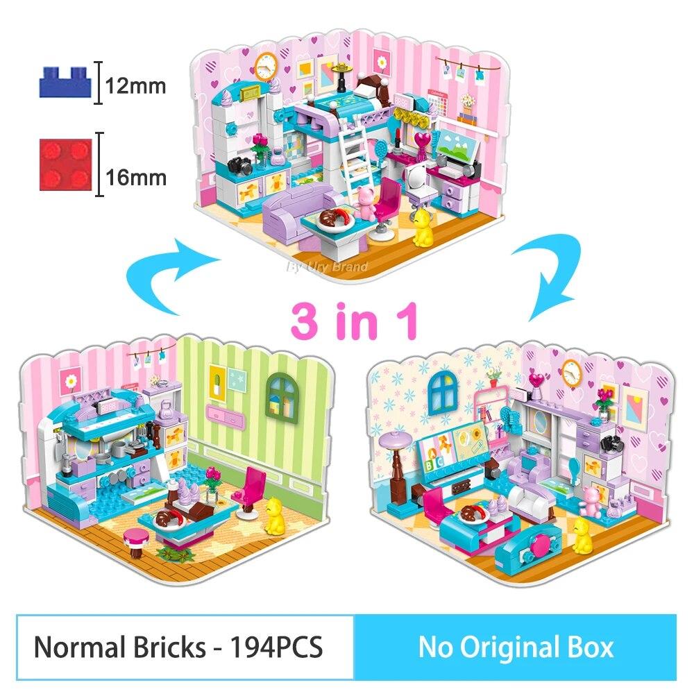 3v1 Girls Friends Morden Princess Dětské hřiště Designér Set Ložnice Castle House Ložnice DIY Stavebnice Hračky pro děti Vánoční dárky