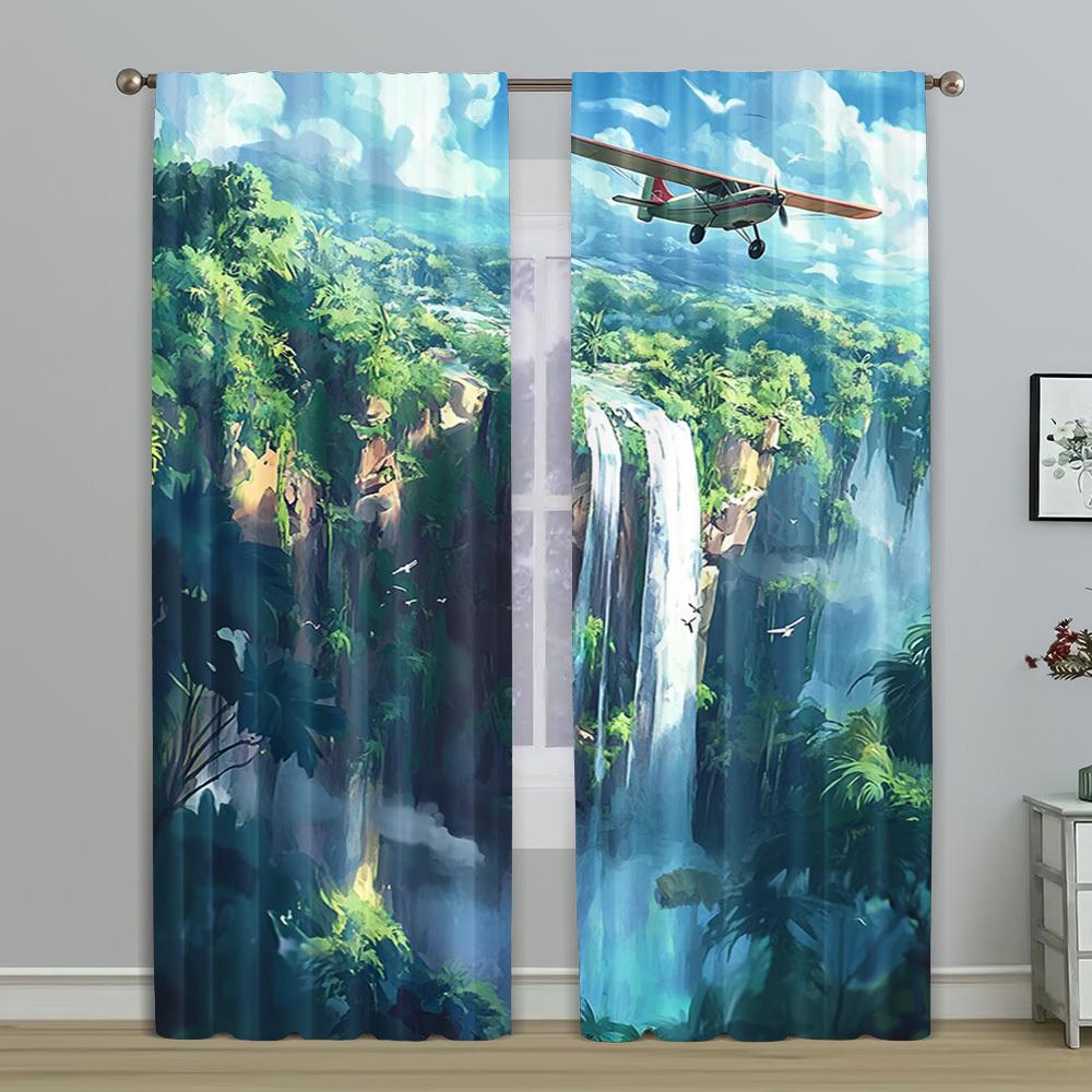 

2pcs Vibrant Jungle Adventure Curtains with Cartoon Plane & Waterfall Design - Polyester Easy Hang Rod Pockets for Bedroom Liv 100*130 HOOK 1pcs