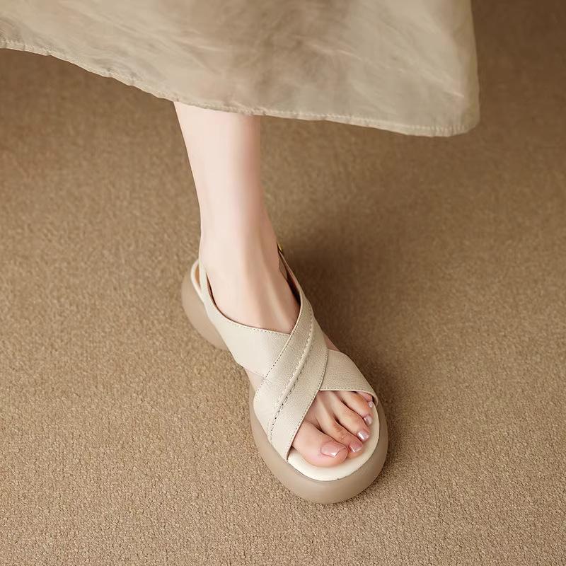 Leather Open-toed Crossed with Platform Sandals for Women's Summer Wear 2025 New One-word Strap Flats with Soft Soles and Skirts