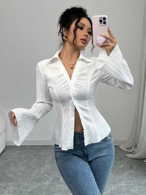 Long Sleeve Plus Size Shirts & Blouses for Blouse Casual Spring Autumn Crop Tops Women Button Up Shirt