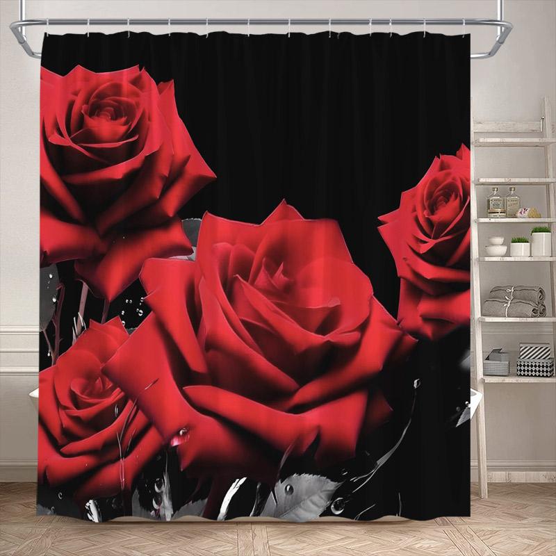 Rosa Ros Blommiga Duschdraperier Naturlig Grön Växt Blommor Alla Hjärtans Dag Badrumsdraperi Modernt Tyg Badrumsinredning med Krokar