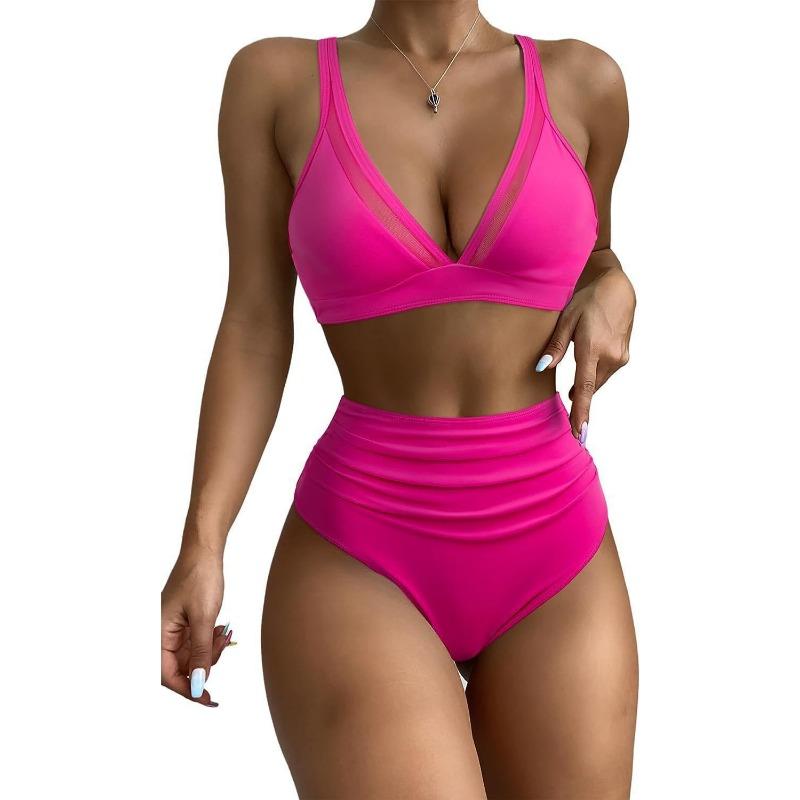 New High-waisted Bikini, Mesh Stitching Sexy European and American Backless Pleated Swimsuit