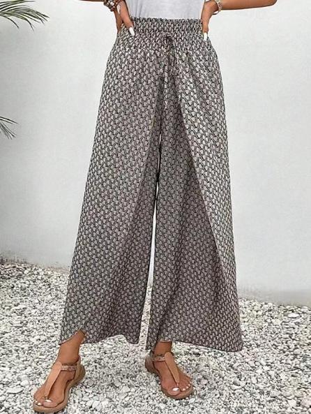 Women s Elastic Waist Wide Leg Pants Loose Fit Straight Leg Trousers Vintage Printed Split Casual Summer Palazzo Pants S чёрный