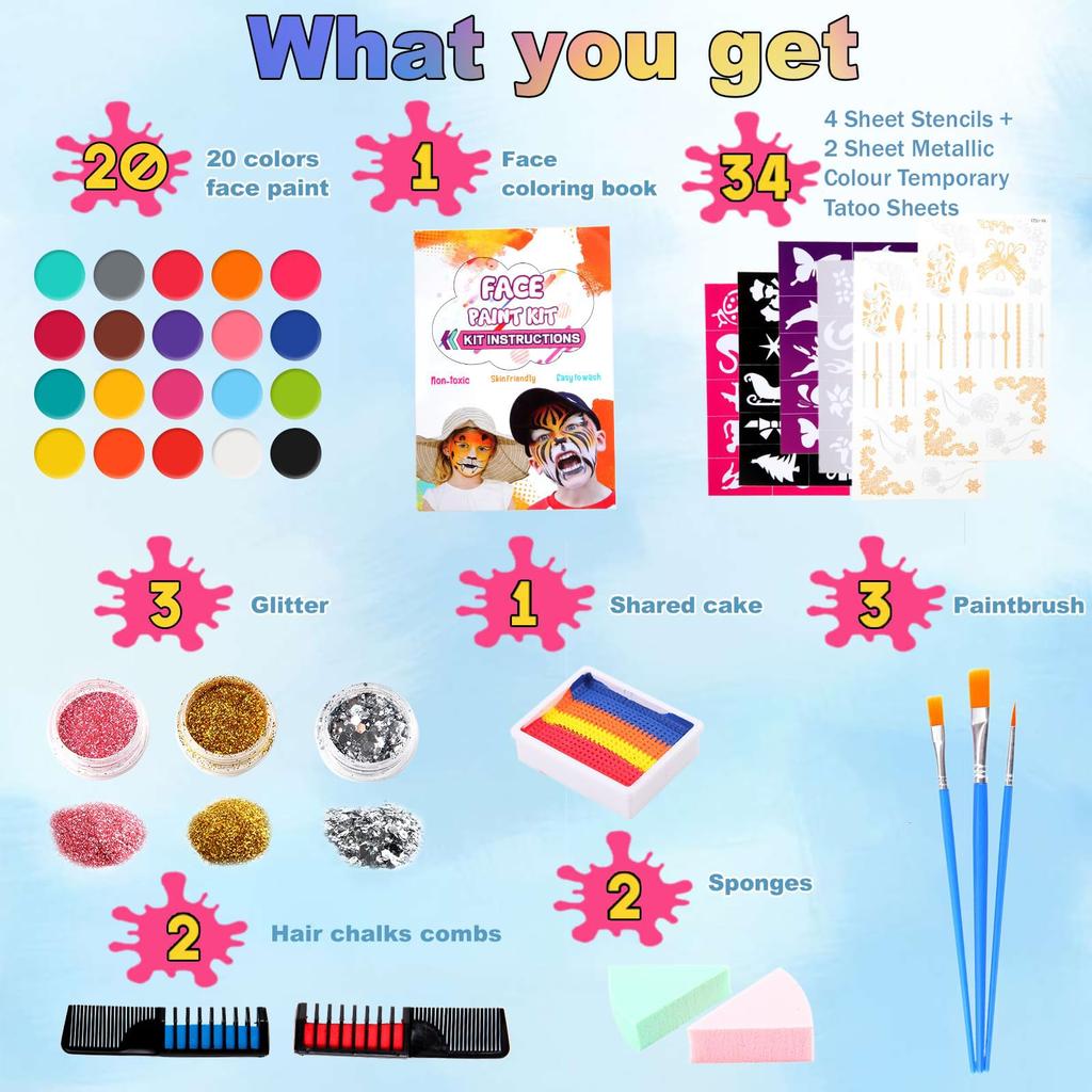 Store2508 Face Body Paint Kit for Kids - 20 Colours Non-Toxic Water Based Face Painting Set with Glitter Hair Chalk Brushes Sponges Stencils and Tat