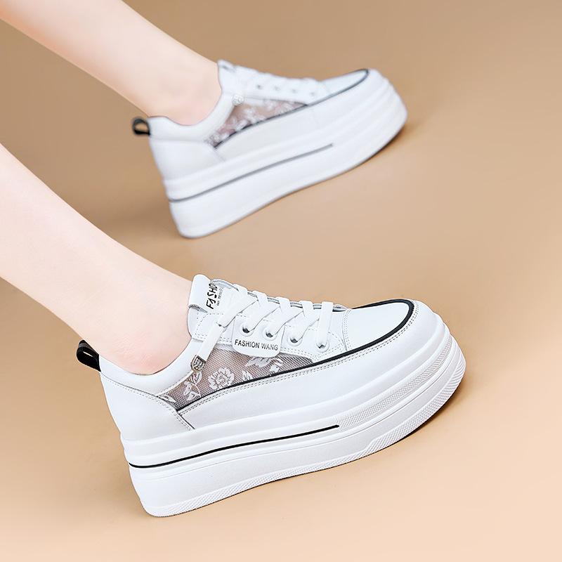 Białe buty na grubej podeszwie dla kobiet, Wiosenne sportowe buty codzienne, Uniwersalne płaskie buty podwyższające dla kobiet