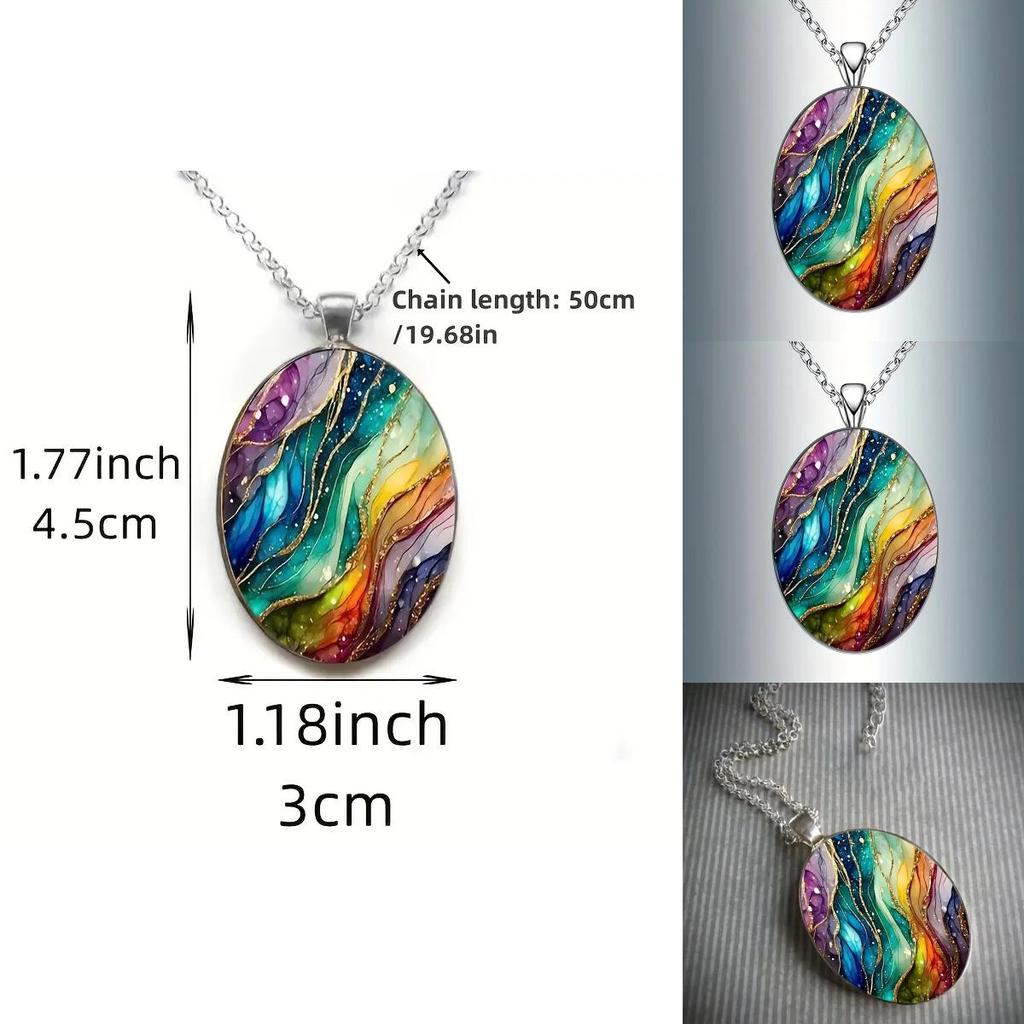 Fantasy Wave Pattern Glass Pendant Necklace With Chain For Fashion Enthusiasts