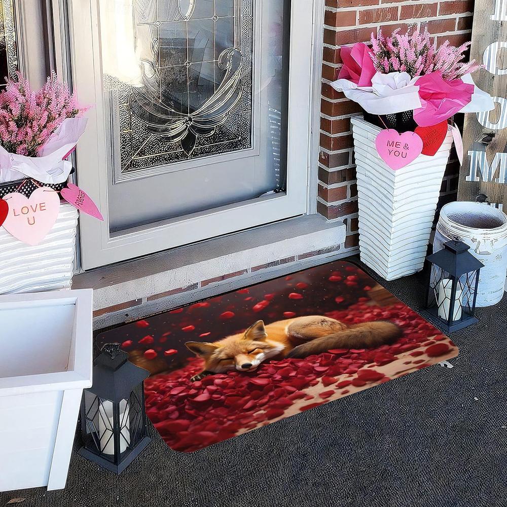 Valentine's Day Floor Mat Entrance Doormat Cute Flower Fox Area Rug Non-Slip Carpet for Bedroom Living Room Hallway Home Decor