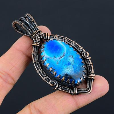 Gioielli pendenti fatti a mano avvolti in filo di rame puro con pietra preziosa blu dendrite opale