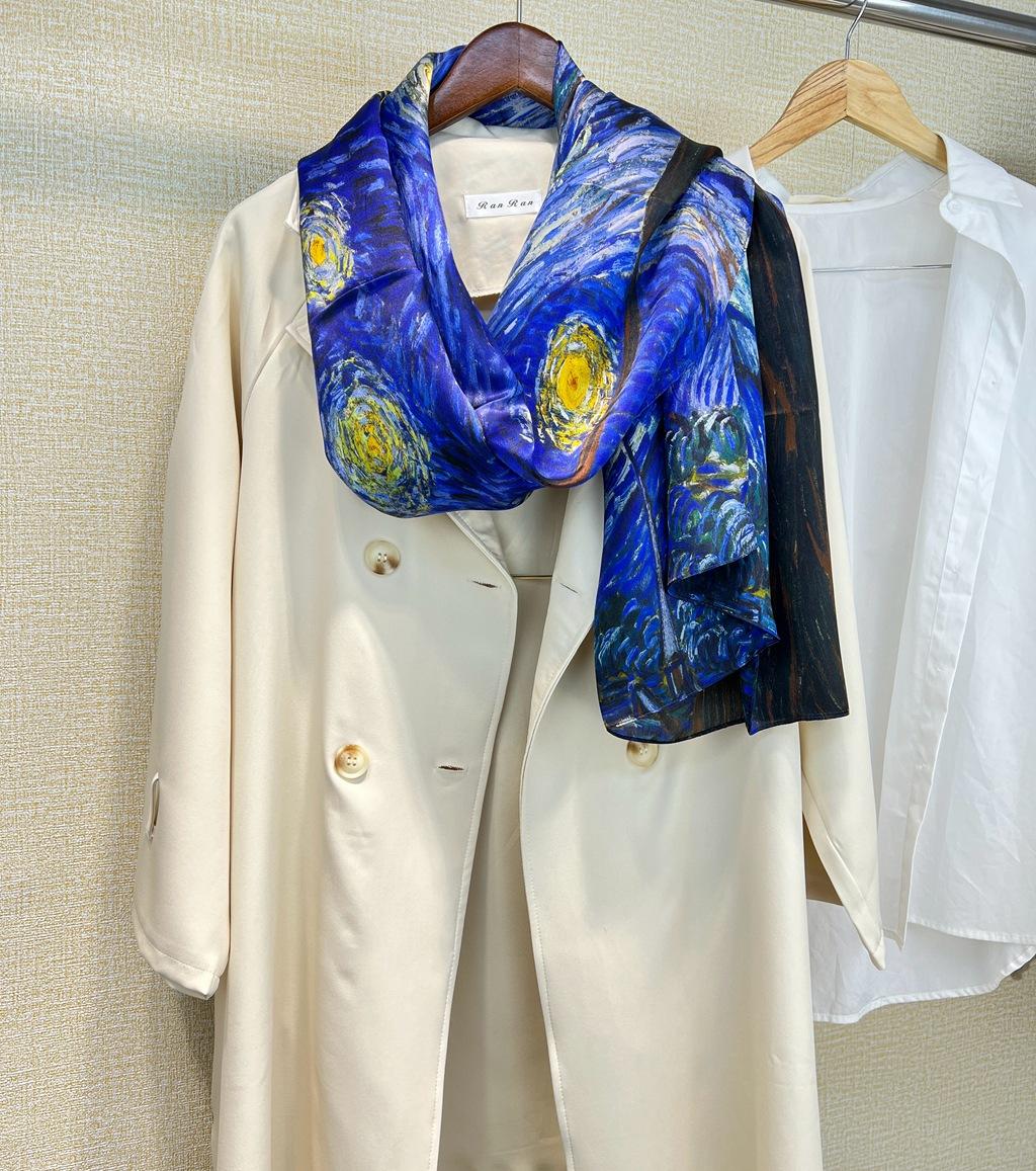 

Повседневный Универсальный Стиль Масляной Живописи Средний и Длинный Французский Шелковый Длинный Шарф Тутовый Шелк Шелковый Шарф Многофункциональная Летняя Шаль Ol 180X65