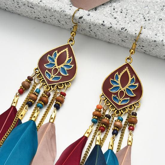1 Pair Beads Multicolor Retro Drop Earrings Bohemian Long Feather Hook Earrings Party Jewelry