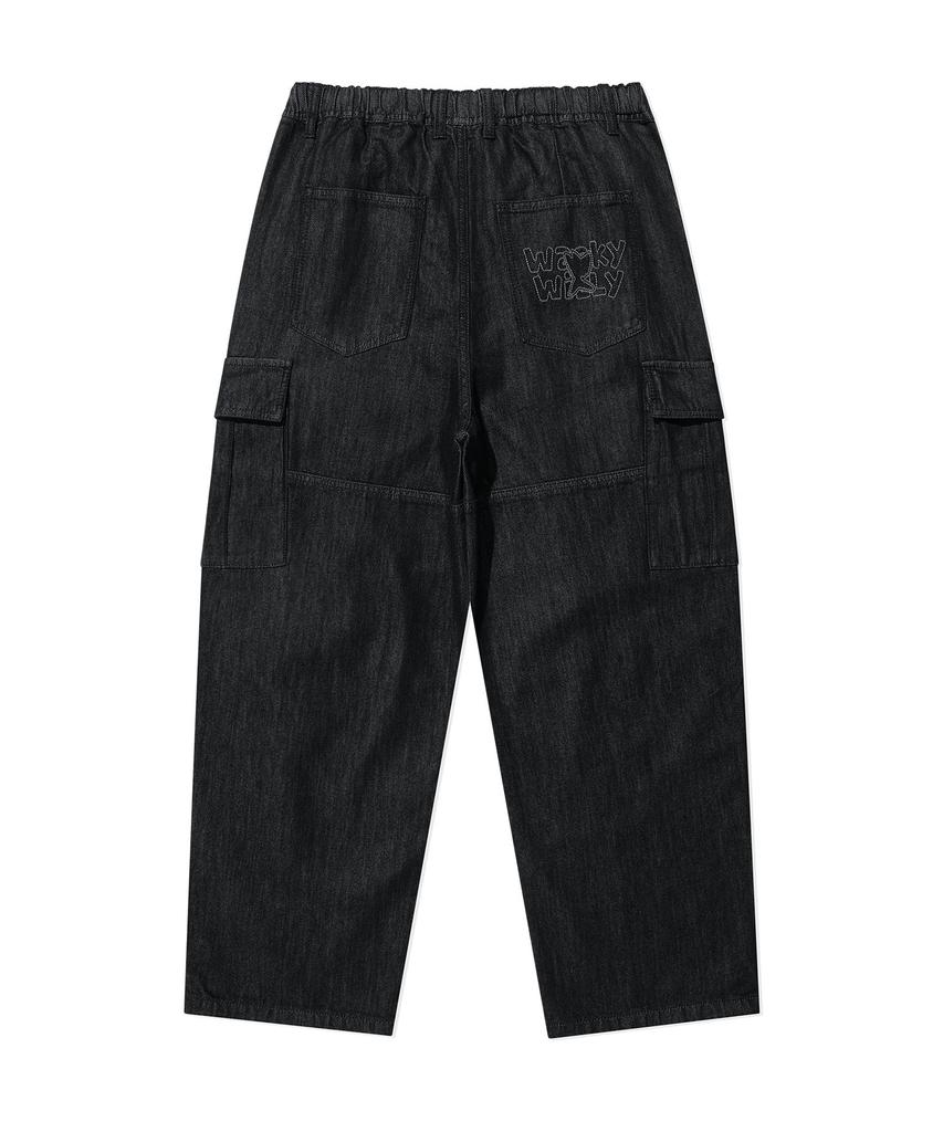 WACKY WILLY Wide Elastic Cargo Denim Pants Black
