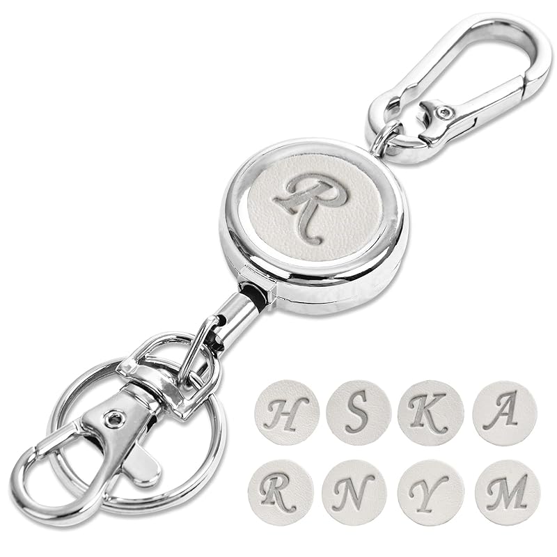 

[YooFa] key reel With carabiner Fashionable With carabiner initial embossed multifunctional Elastic reel type key reel initial telescopic Loss