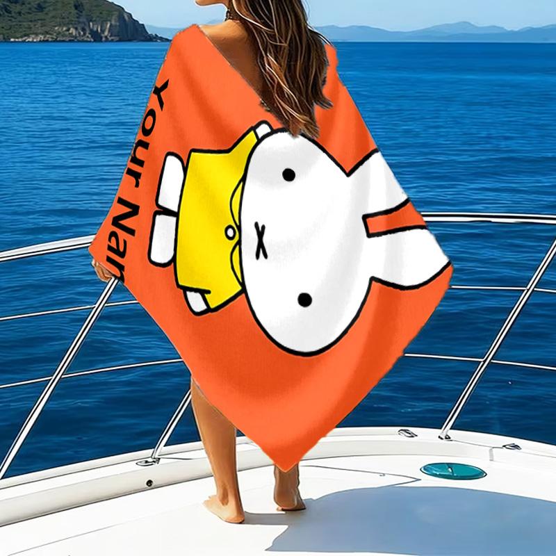 1pc Miffy2 Beach Towel with Custom Name, Beach/Swimming/Bath/Picnic/Camping Towel, Suitable for Seaside Beaches