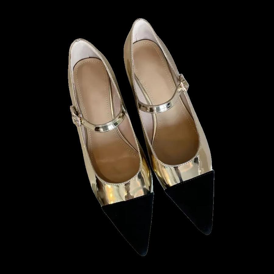 2025 Spring New Temperament Wedge Heel Color Matching Pointed Head Light Mouth Mary Jane Women's Shoes One Word Buckle Belt High Heel Single Shoes Wom