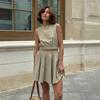 Women's  Spring Summer New Cotton Linen Casual Set Crew Neck Vest + Pleated Mini Skirt Outfit European American Style