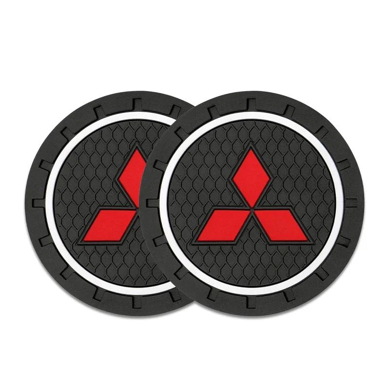 

2pcs Car Coaster Water Cup Slot Non-Slip Mat Pad Emblem Interior Accessories For Mitsubishi Lancer 9 EX Outlander 3 ASX L200
