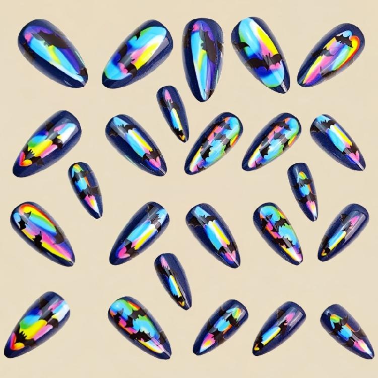 24 Pieces Halloween Almond Fake Nail Pink Bat Pumpkin Design Durability Nail For Women Party Costume Accessories