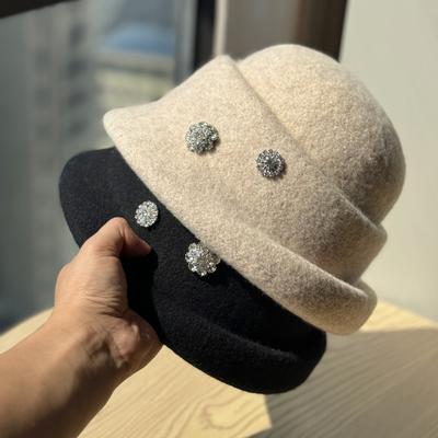Neuer Herbst- und Winter Eleganter Zylinder Damen Wolle Strass Fischerhut Britischer Retro All Match Warmer Reiterhut