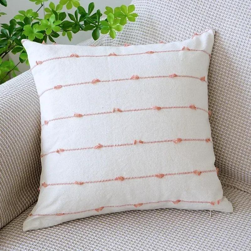Line Linen Pillow/Cushion Covers European with Tassels Throw Pillow Sham 18x18 Home Decor Square Decorative for Couch Kids Bed