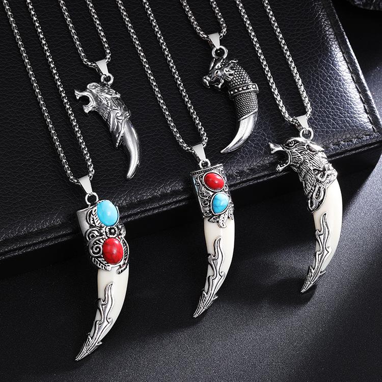 Herren Retro Wolfszahn Anhänger Halskette - Edelstahl Hip Hop Pullover Kette