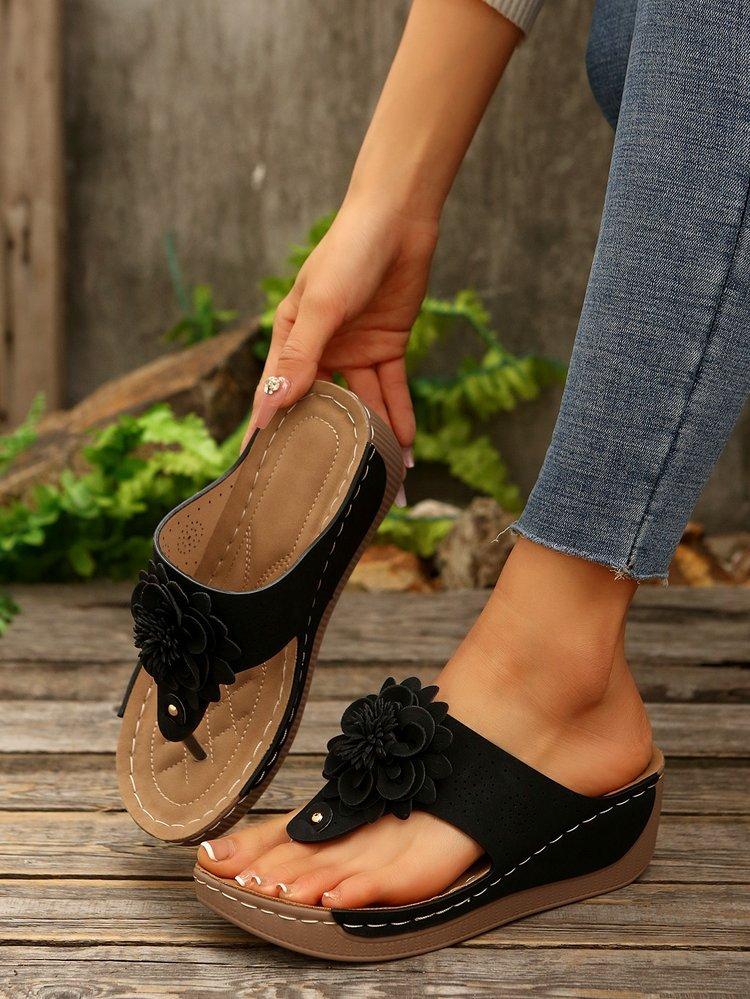Summer women's thick-soled toe slippers round-headed flower decorative toe slippers