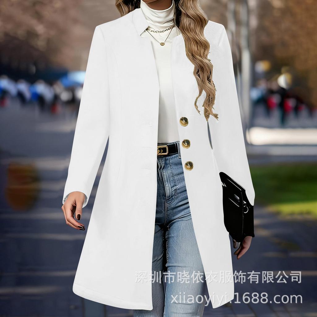 Cappotto Lungo in Lana da Donna con Collo Alto a Doppiopetto Autunno Inverno Colore Unico Ampio Lunghezza Media Blazer Capospalla