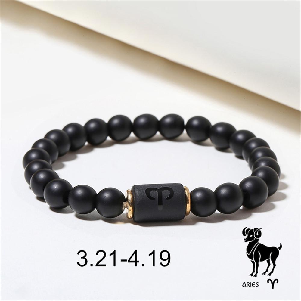 Black Matte Agate Beaded Bracelet with Zodiac Signs - Elastic Buddhist Couple Design