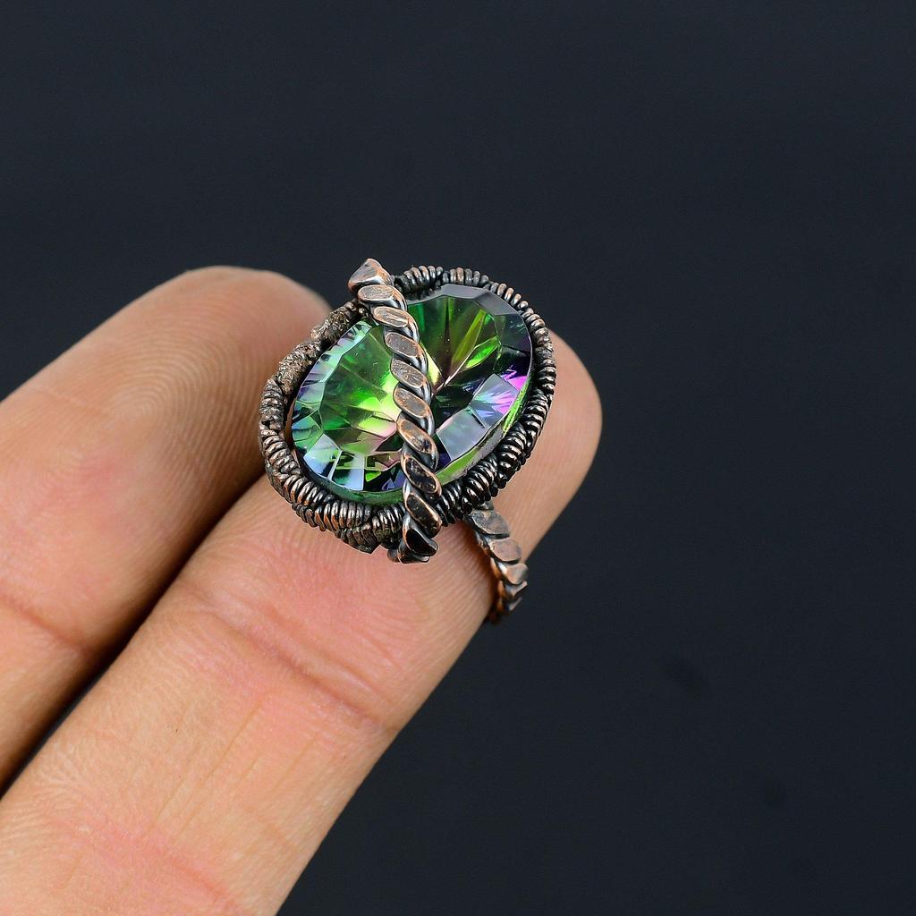 מיסטיק טופז אבן חן חוט נחושת עטוף בעבודת יד טבעת תכשיטים עבורה