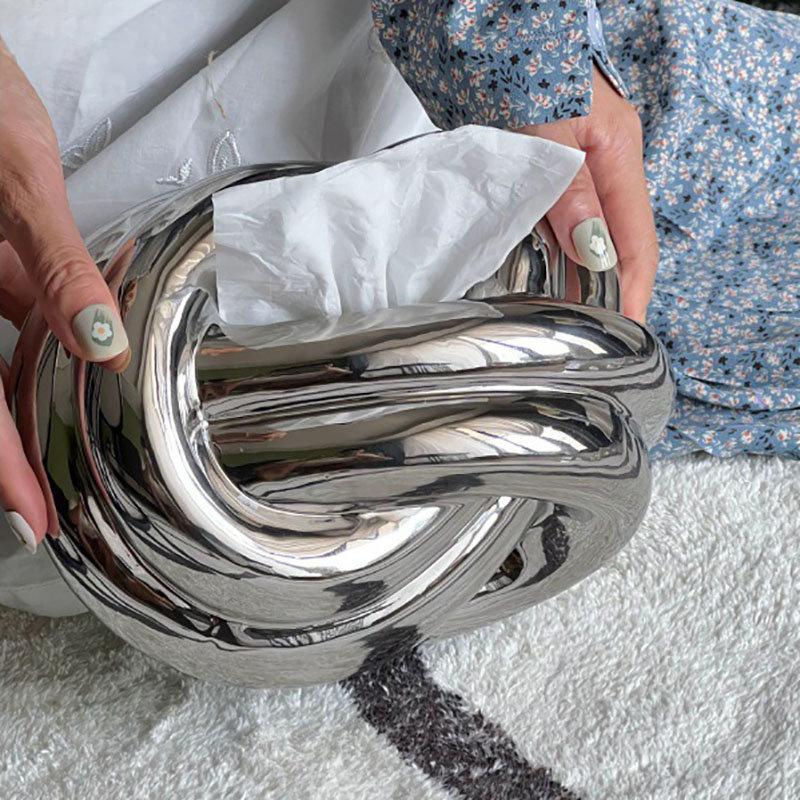 Silver Ceramic Tissue Box Twisted Knot Tissue Box Paper Extractor Porcelain Paper Towel Case Napkin Holder Home Decoration