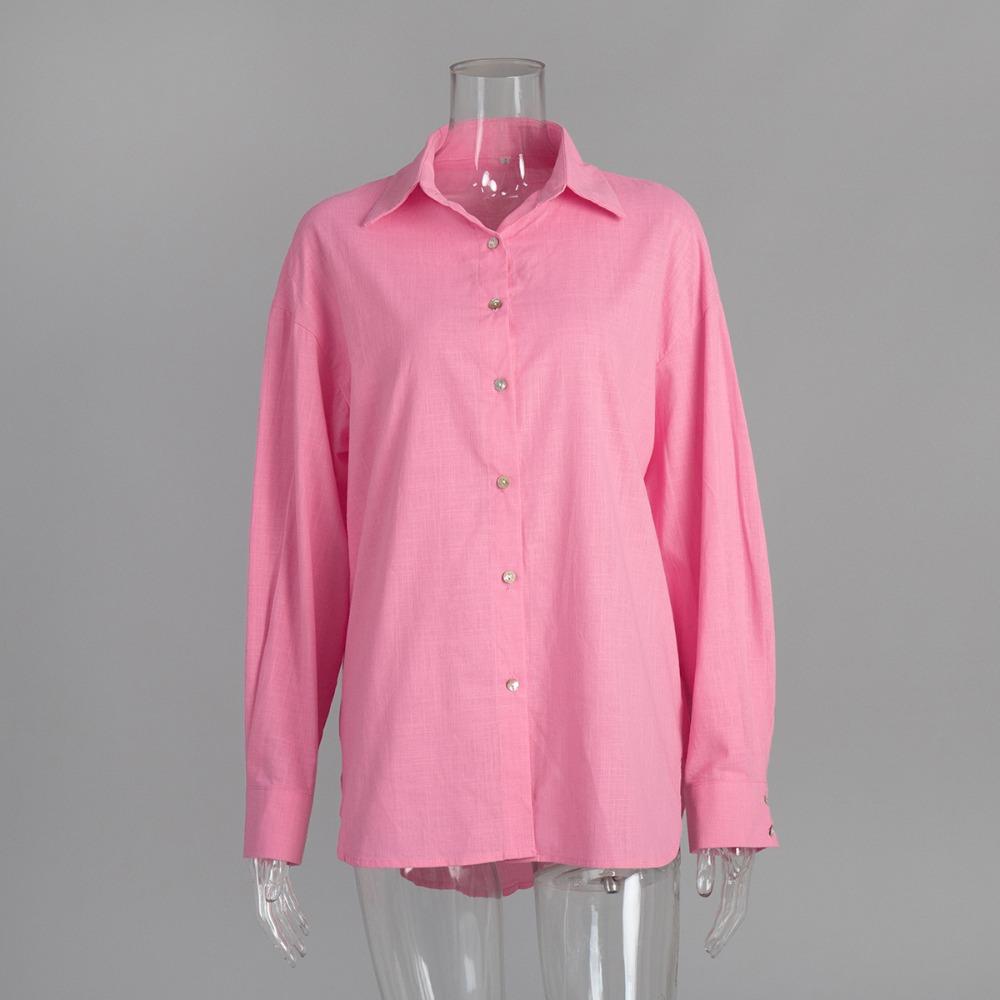 Women's Oversized Button Down Shirt Loose Fit Point Collar Long Sleeve Solid Cotton Blouse