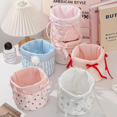 Cute Love Storage Box Quilting Cotton Round Desktop Storage Basket High-capacity Cartoon Storage Frame Home Decoration