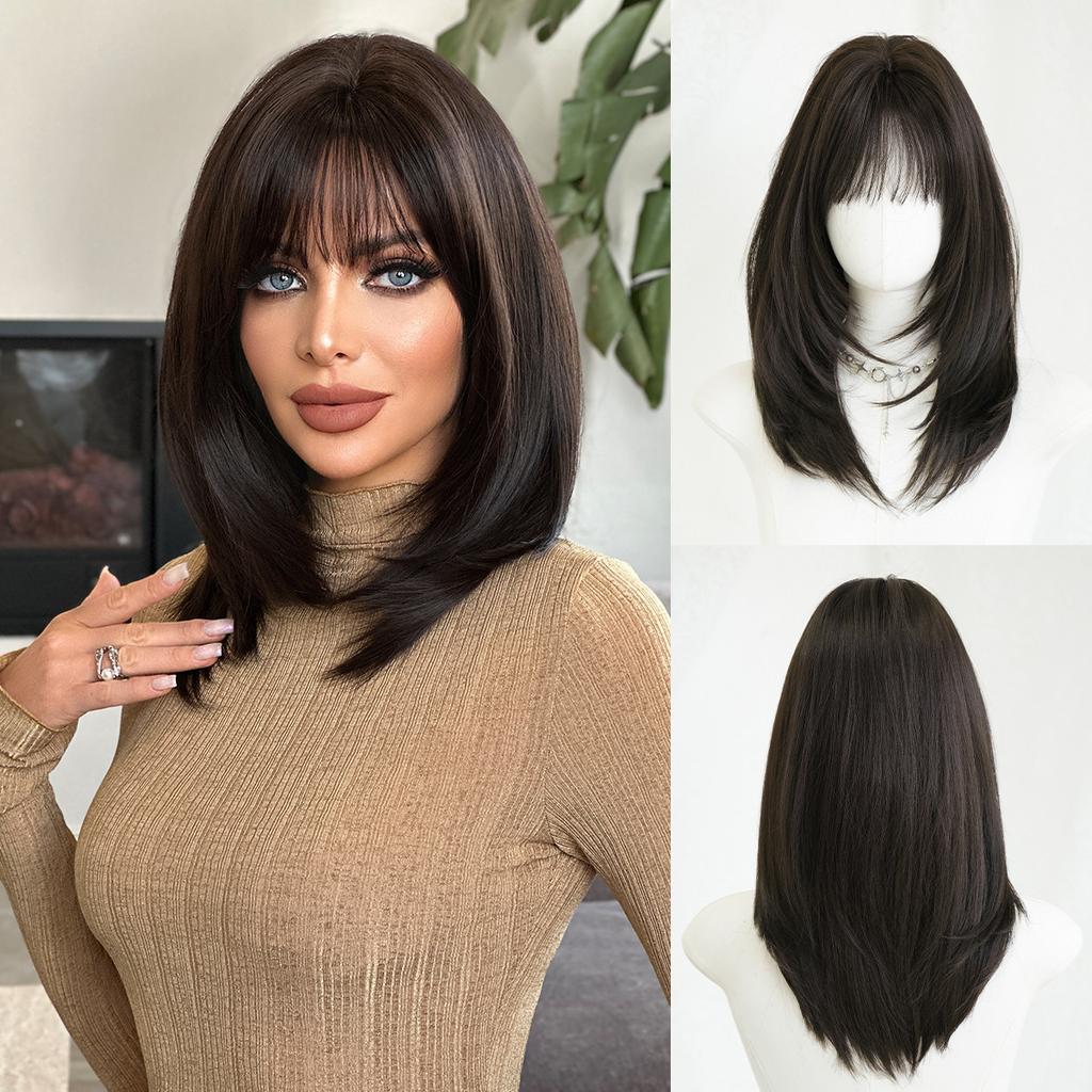 Dark Tea Brown Shoulder Length Straight Wig for Women - Layered Design Daily Outdoor Realistic Hair Full Cap Natural Wig