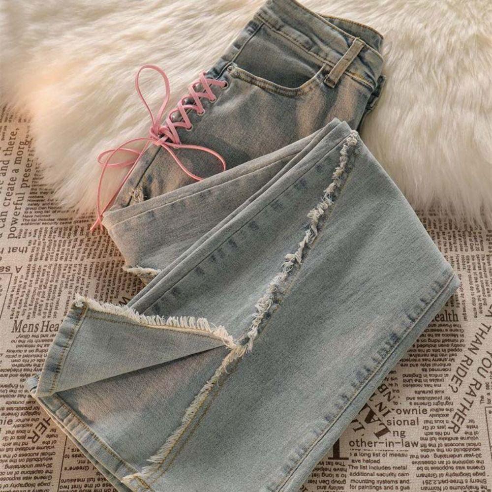 Wide Leg Y2k Bow Denim Jeans Lace Tied-up Split Fork Denim Pants Soft High Waist Pants Girls