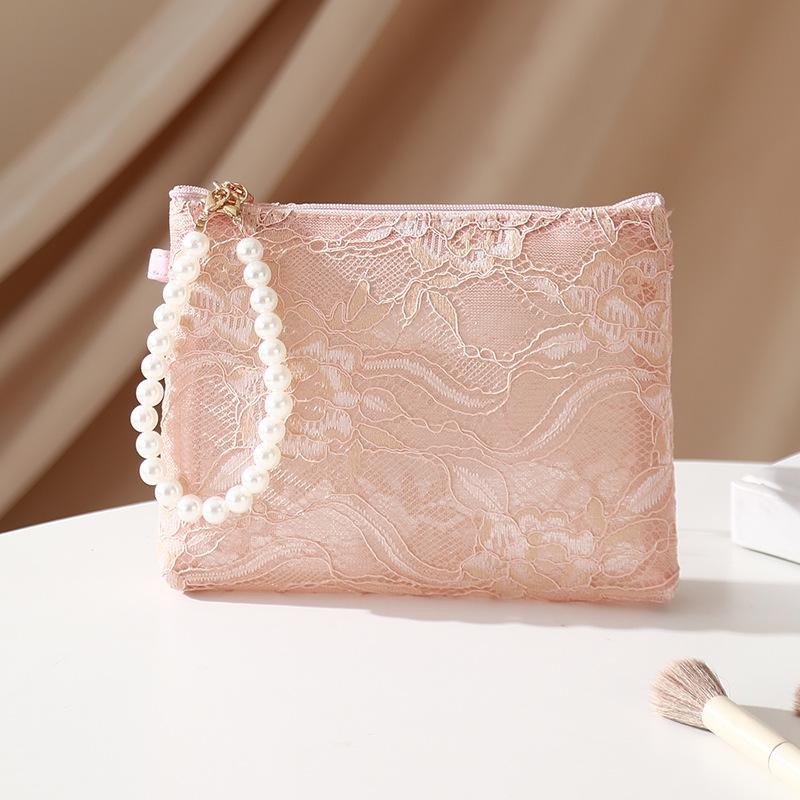Lace Cosmetic Bag With Pearl Wrist Strap And Semi Transparent Design Perfect For Daily Makeup Storage Travel Use