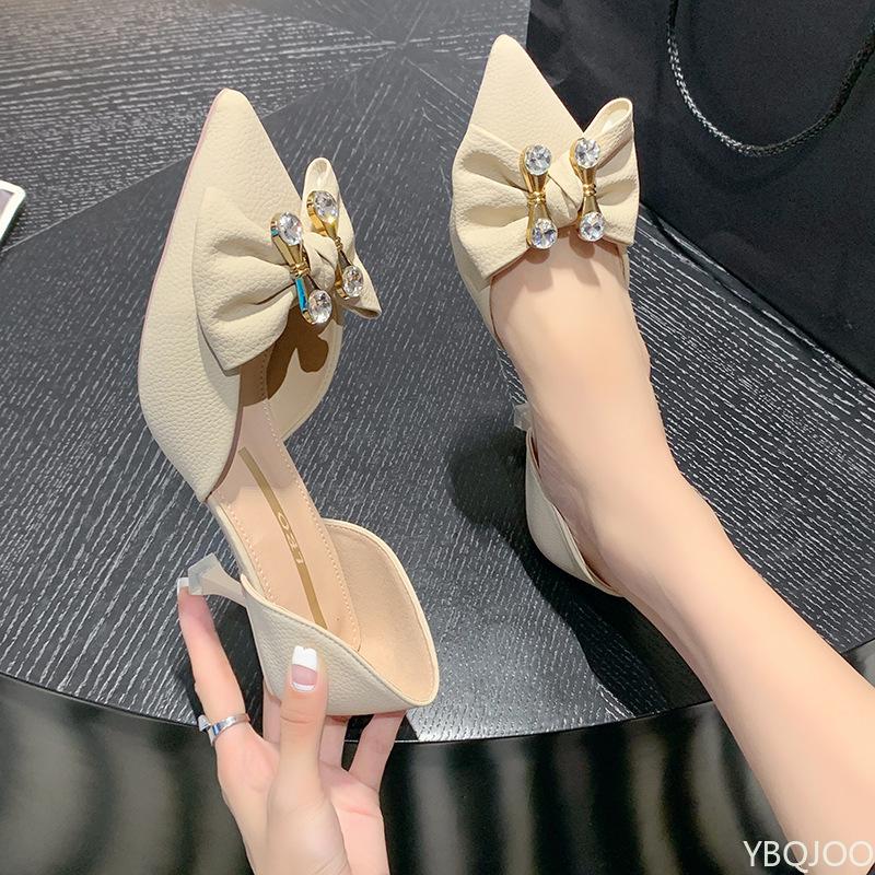 Fashion Ladies Pointed High Heels New Hollow Breathable Shoes Versatile Fashion Women's Bow Pumps Casual Comfort Slim Heel Shoes Mujer