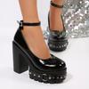 Luxury High Heels Waterproof Platform Pumps Fashionable Rivets Punk Style Shiny Leather Women's Thick Heels Round Toe High Heels