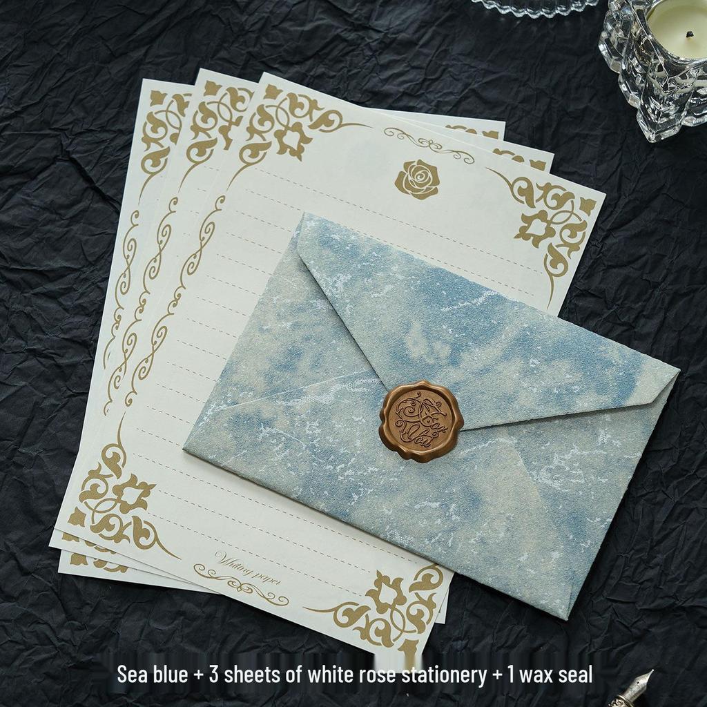 Gilded Envelope & Letter Paper Set - Embossed Texture, Straits Style, Handwritten Love Letters with Wax Seal for Valentine's Day