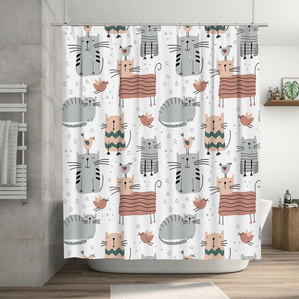 Adorable Cartoon Cat Bird Print Shower Curtain Waterproof Fabric Home Decor For Bathroom Accessories In Various Sizes!