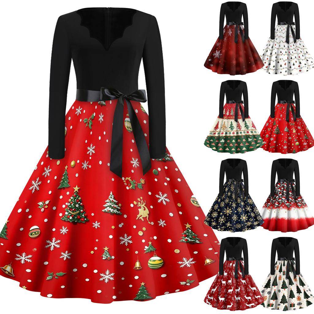 Women's Casual Christmas Print V Neck Vintage Dress for Holiday Party and Everyday Wear
