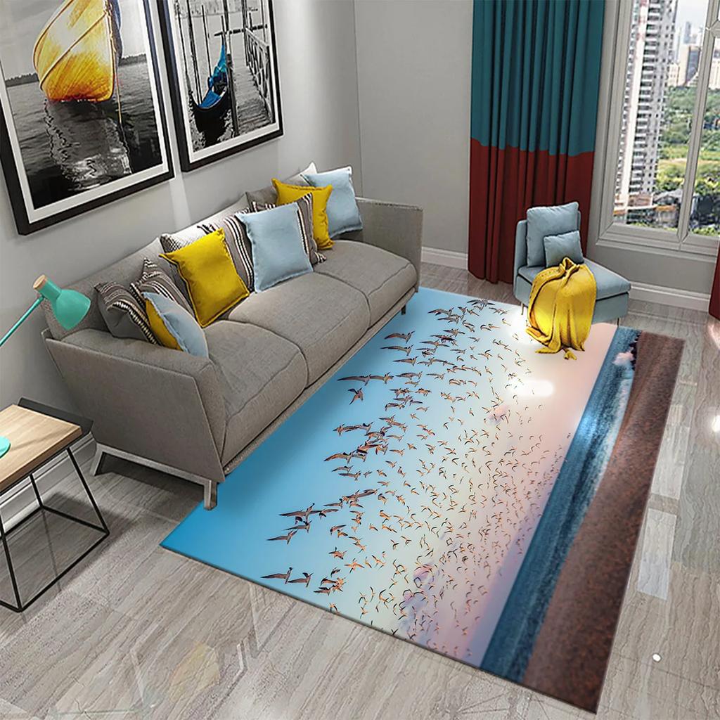3D Migratory Birds Carpet Sunset Seaside Birds Rugs for Kitchen Bathroom Anti-Slip Carpet Living Room Bedroom Floor Decor Mats