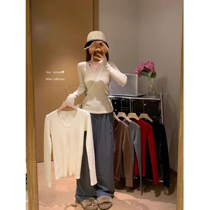 Textured Collar Knitted Sweater Women's Spring, Autumn and Winter Slim-fitting and Thin Inner Bottoming Sweater Top Solid Color Sweater