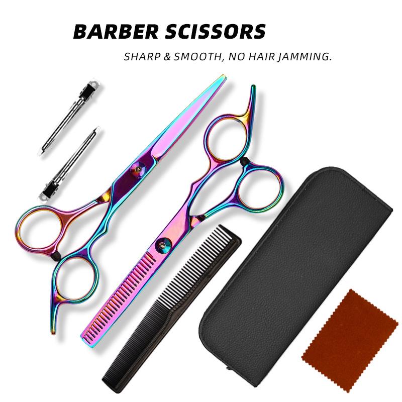 Professional Hairdressing Scissors Set with Colored Stainless Steel Blades for Straight and Thinning Cuts