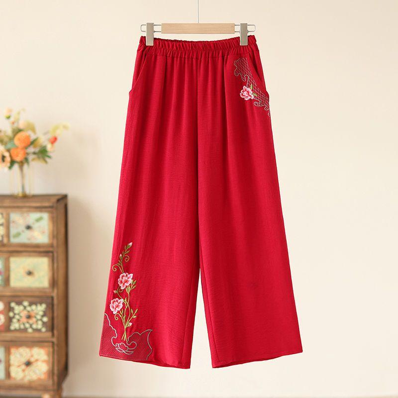 Ethnic Style Embroidered Wide Leg Pants for Middle-aged and Elderly Loose Mom Summer Ice Silk Pants Casual Pants